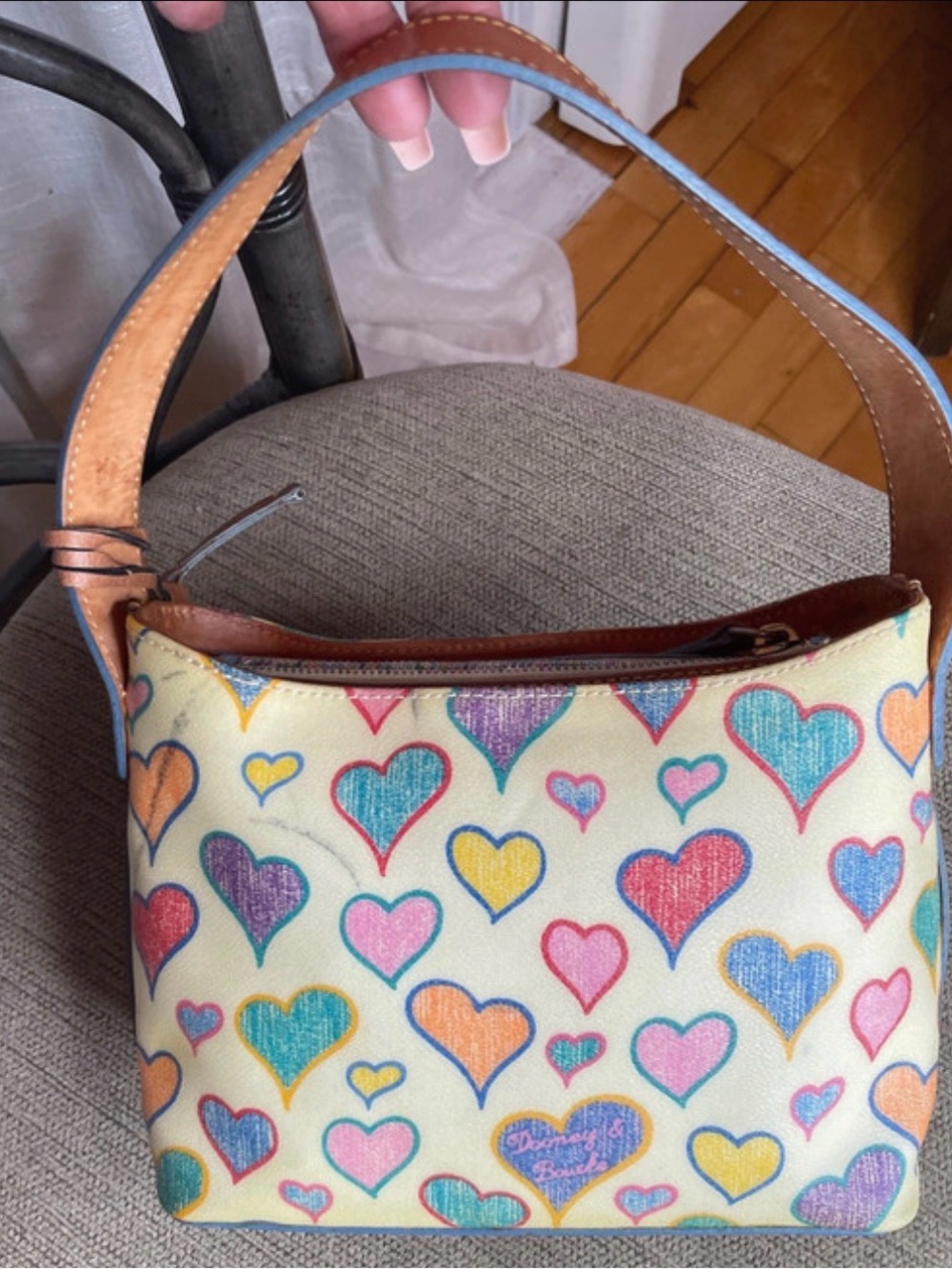Dooney & Bourke Cream Multicolor Heart Print Shoulder Bag with Brown Trim - Picture 2 of 7